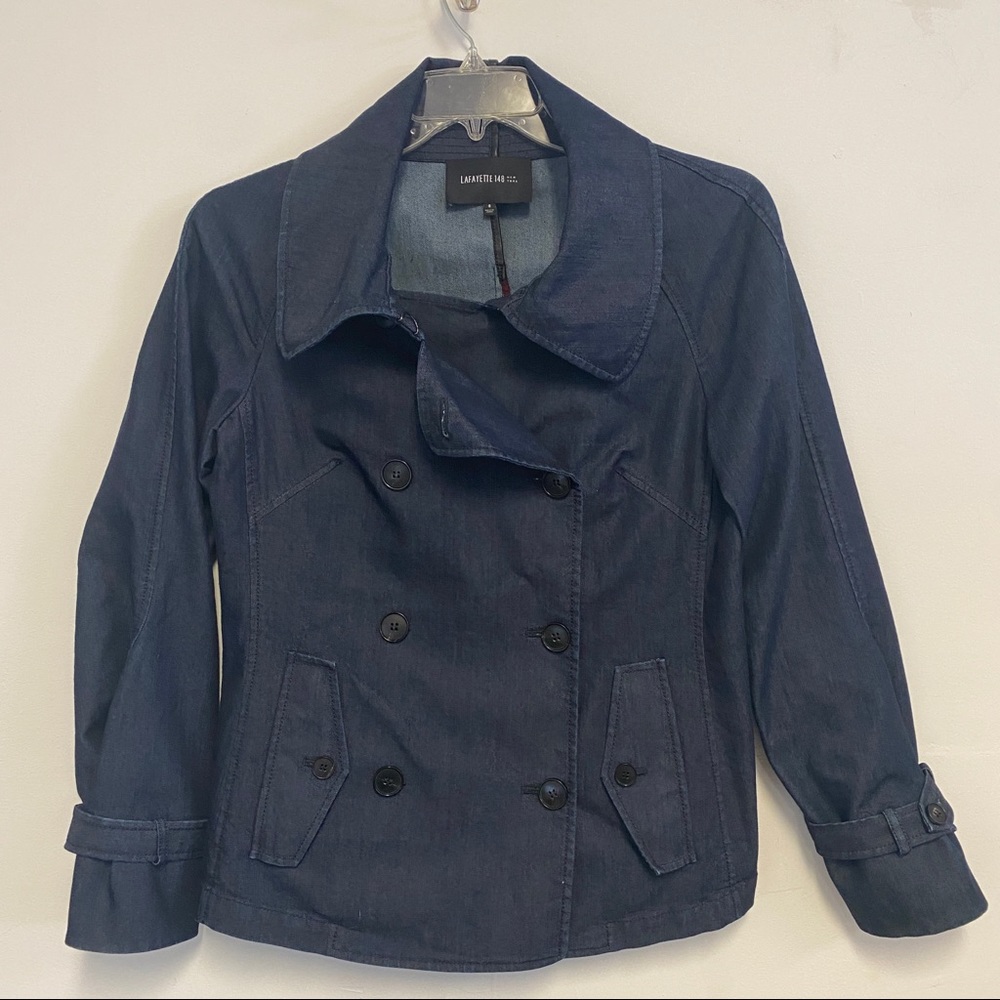 Lafayette 148 New York Size 8 Denim Jacket Pea Coat  Dark Blue Jean